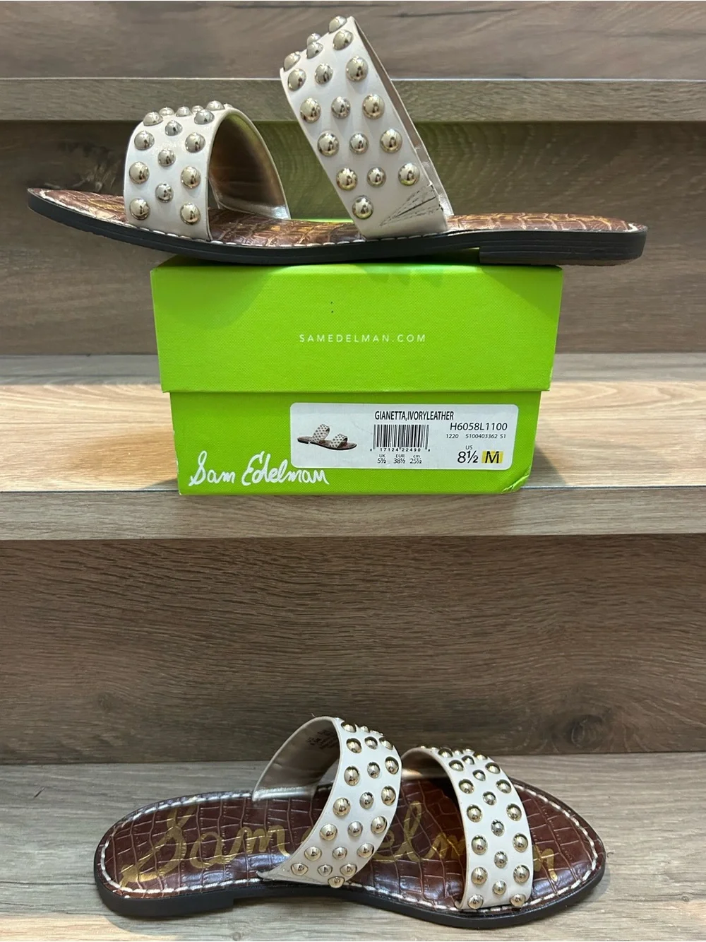 Sam Edelman Ivory Leather Studded Double-Strap Slide Mules - Picture 6 of 12